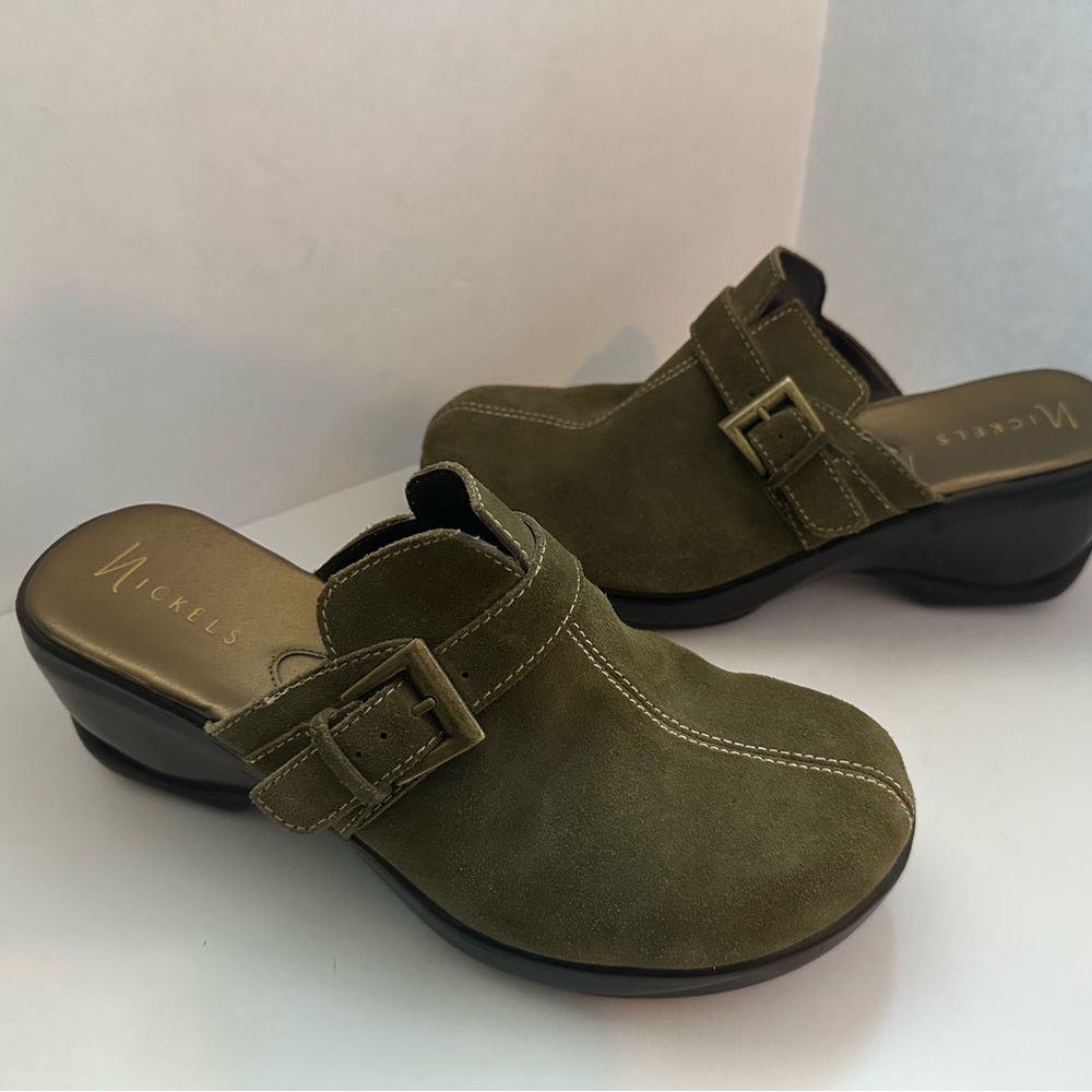 Clog by Nickels, light olive green suede upper in like new condition.